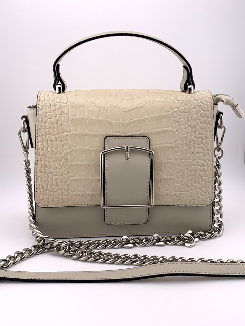 Persaman New York Leather Croc Embossed Top Handle Crossbody Bag Beige Italy